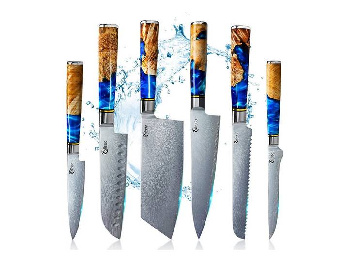 Calisso Messer-Set Aquamarine Line Küchenmesser Damastmesser Messerset (Advanced Set, 6-tlg., Inklusive Klingenschutz und hochwertiger Holzbox), Damastmesser