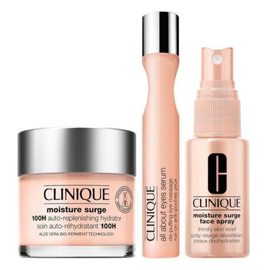 CLINIQUE MOISTURE SURGE SET: SERUM VOOR ONTZWELLING VAN DE OGEN 15ML + CRÈME 100U AUTO-OPVULLENDE HYDRATERENDE CRÈME 75ML + MOISTURE SURGE GEZICHTSSPRAY 30ML
