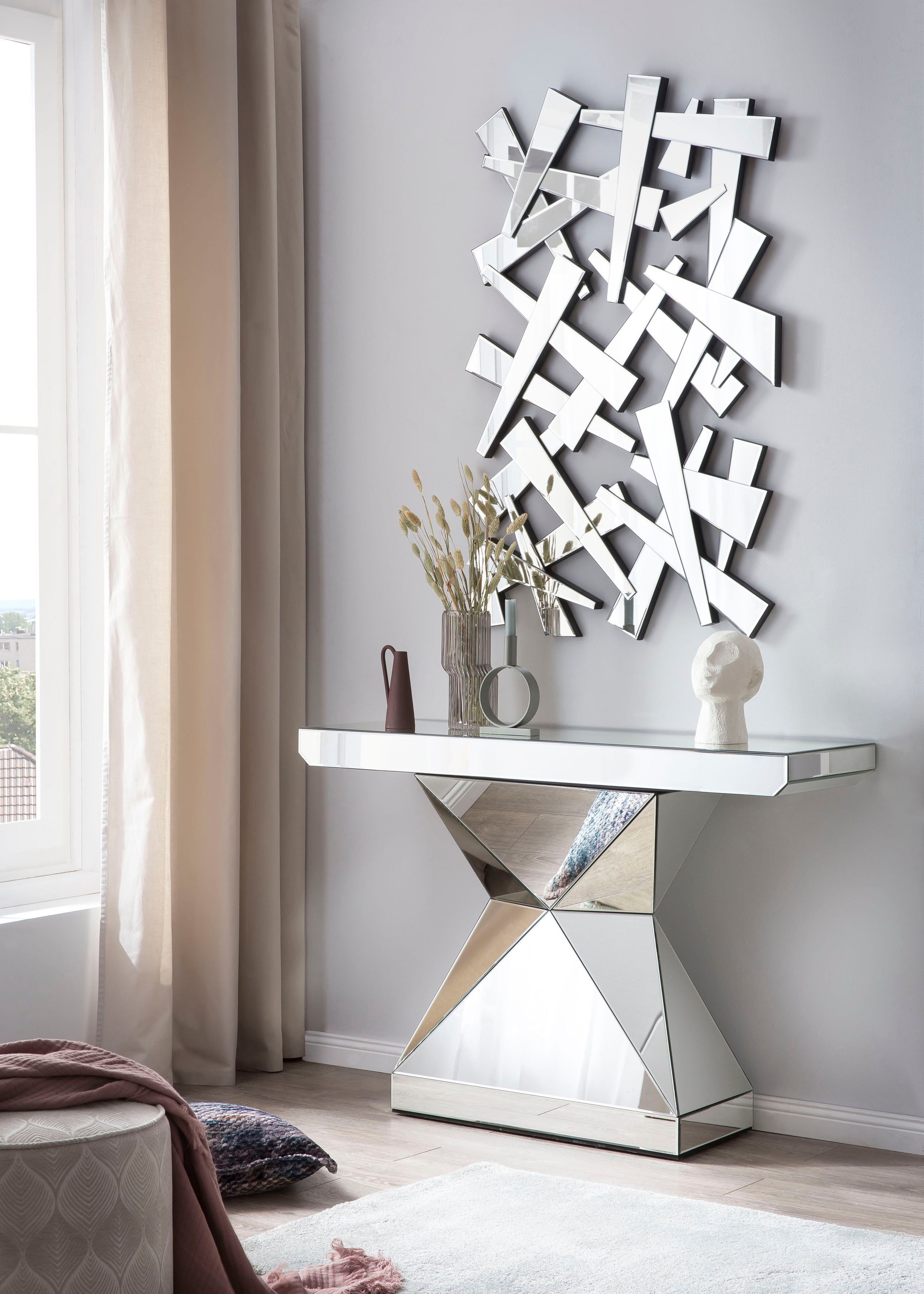 Konsolentisch SALESFEVER "Designer Konsole", silber (silber, verspiegelt, silber, silber), B:120cm H:81cm T:35,5cm, Tische, Konsolentisch, verspiegelt, in edler Form und besonderer Optik silber, verspiegelt, silber, silber B/H/T: 120cm x 81cm x 35,5cm, Sa
