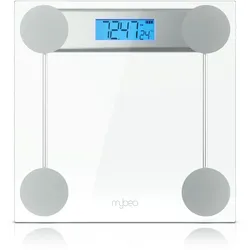 MyBeo Personenwaage digitale Waage für Personen, große Trittfläche aus 6mm Sicherheitsglas, 1-tlg., Badezimmer Digitalwaage, schmales Design
