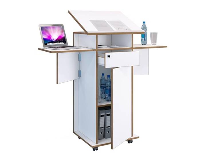 VCM Stehpult Weiß 60-123x44x107-128 cm 1 Tür 6 Fächer Holzwerkstoff Büro Stehpult für Präsentationen - Büro oder Konferenzraum - Berufstätige - mit stabiler Konstruktion - für Notizen und Unterlagen