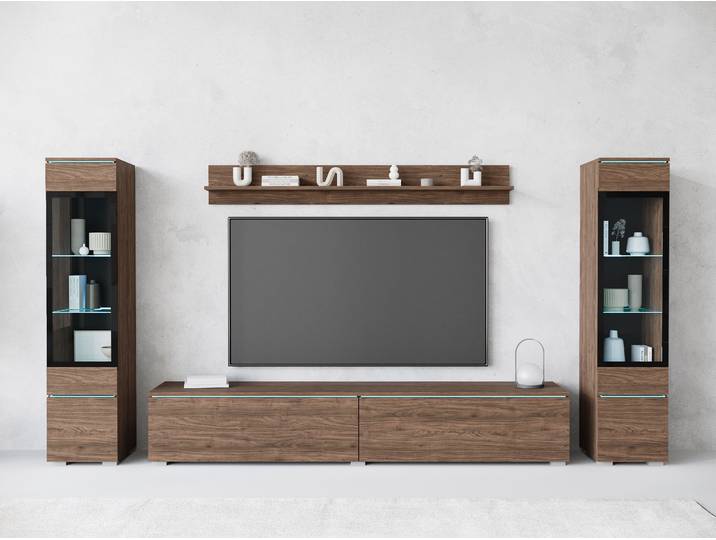 Wohnwand HOME AFFAIRE VERA II , braun (villa nussbaum), B:260cm H:130cm, Kastenmöbel-Sets, Wohnwand, Vitrine mit Verglasung, stehend und hängend, inklusive Beleuchtung