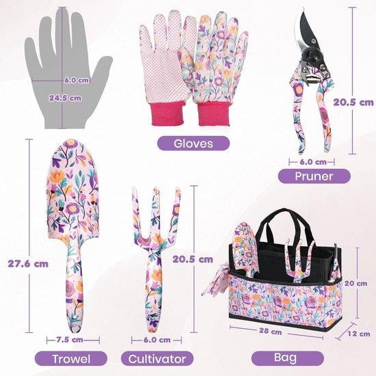 Unyqoos 5-delige tuingereedschapset met bloemenprint inclusief schep, hark, snoeischaar, handschoenen en tas