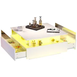 Couchtisch 70x70x41 mit LED-Beleuchtung, 2 Schubladen, Hochglanz, transparenter Präsentationsbereich, moderner Wohnzimmertisch, Weiß
