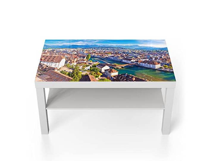 DEQORI Glastisch weiß groß 90x50 cm Motiv Blick über Luzern ausgefallener Beistelltisch aus Glas Hochglanz Couchtisch fürs Wohnzimmer moderner Couch Tisch mit Design