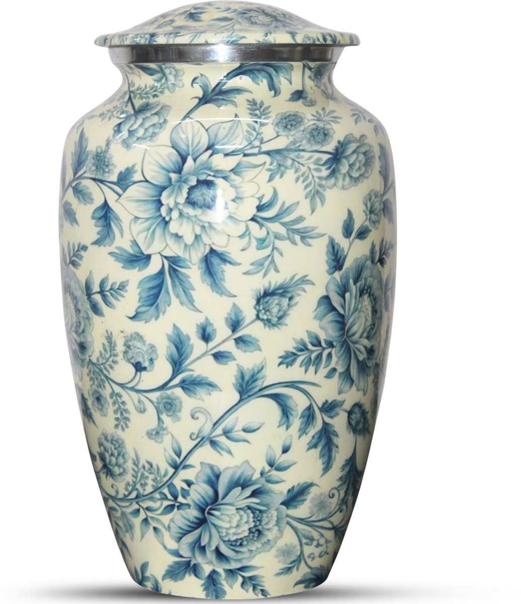 XXL As Urn Blue Flowers voor menselijk of dierlijk as - 3,5 liter
