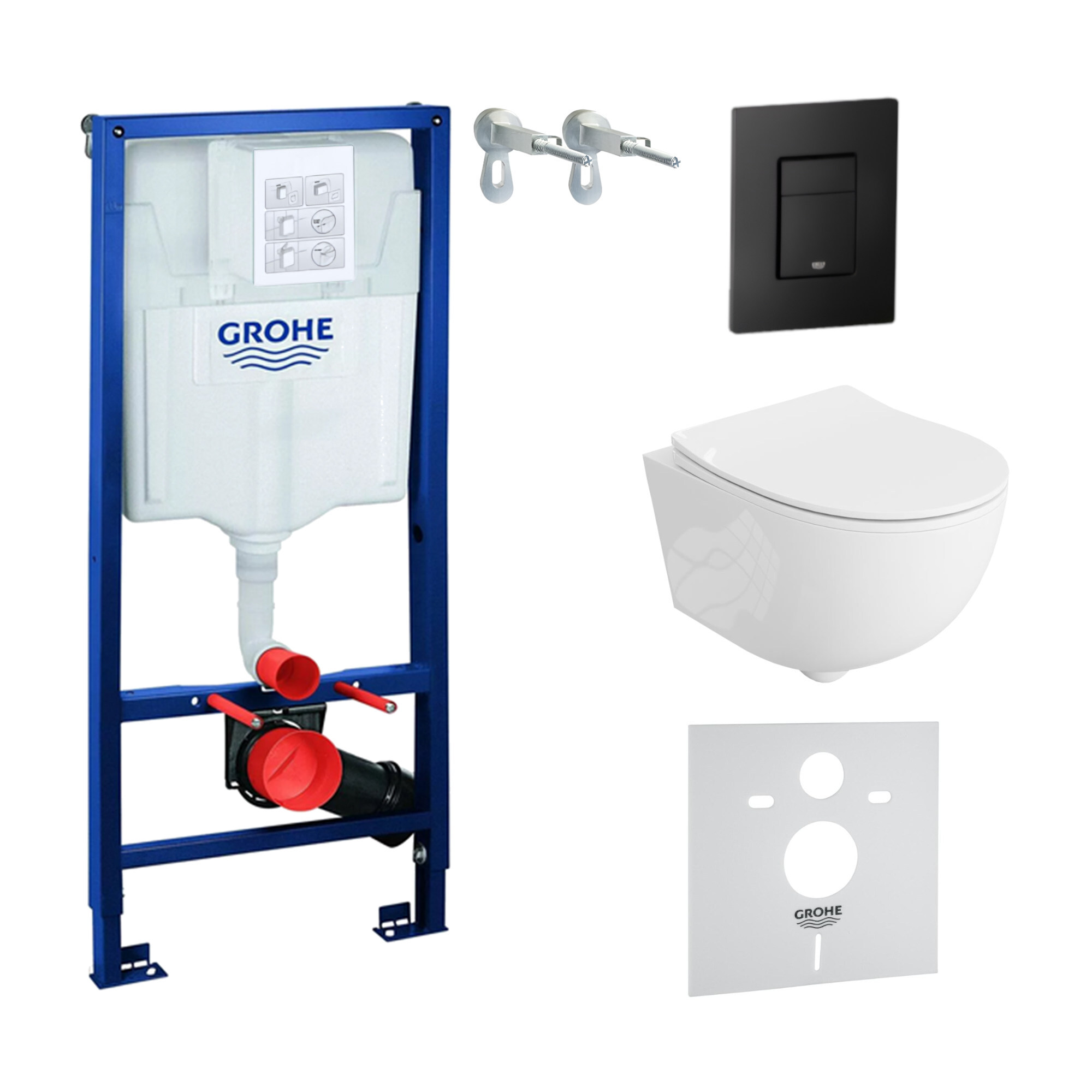 GROHE Vorwandelement Solido + Wand Hänge WC Brava Weiß Spülrandlos + WC-Sitz SoftClose | Schwarzer Knopf | Komplettset | Unterputz Spülkasten | Toilette Komplett Sett