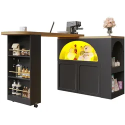 MODFU Bartisch ausziehbar 205x39x100 cm mit Stauraum mit LED-Beleuchtung mit USB-Anschluss Rollen Schwarz MDF modern Soft-Close