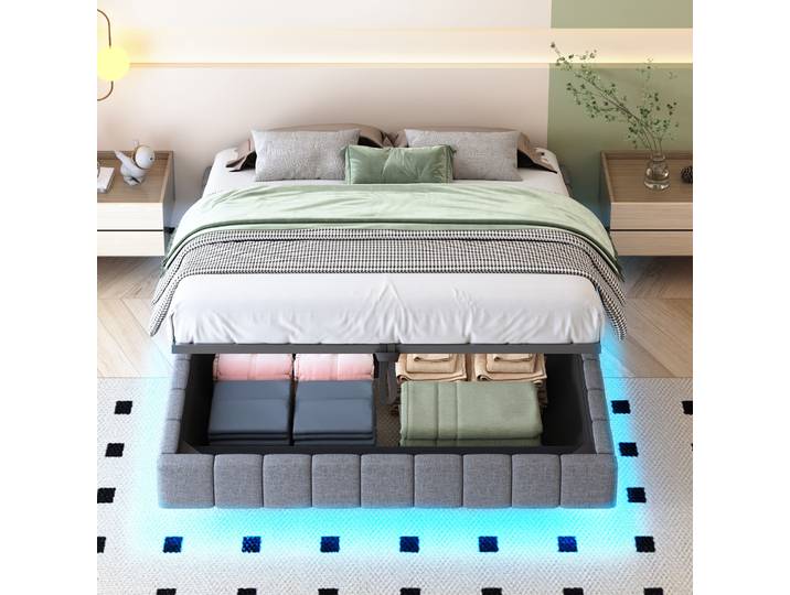 Lit 160x200cm - Cadre De Lit Coffre Avec Sommier - Lit Flottant - Sans Tête De Lit - Led - Lin - Gris