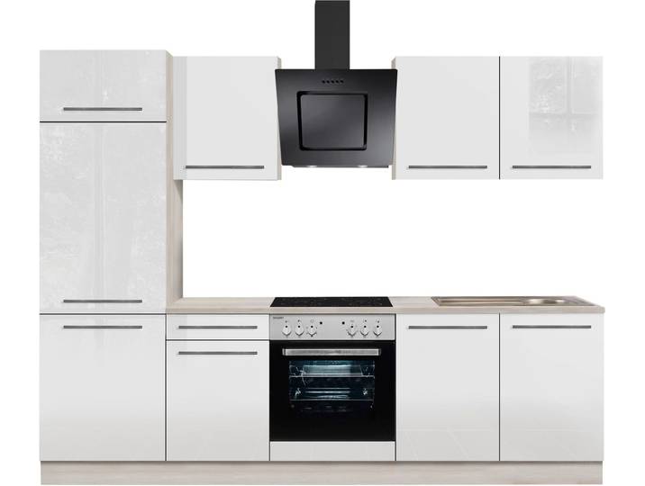 Küchenzeile, Spanplatte, Weiß Hochglanz & Akaziefarben, 270×60 cm, Gedämpfte Türen, OPTIFIT