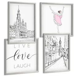 BILDER SET 4er Set - 50x50 cm & 40x60 cm Silberner Rahmen - Stilvolle Grafik, Ballerina-Architektur