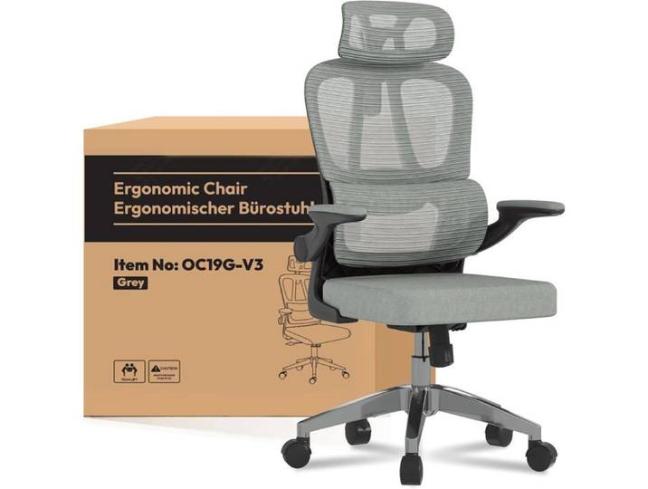 FlexiSpot OC19 Chaise Bureau Chaise Ergonomique en Maille Pivotante Réglable ave Accoudoirs 2D & Soutien Lombaire Indépendant Gris