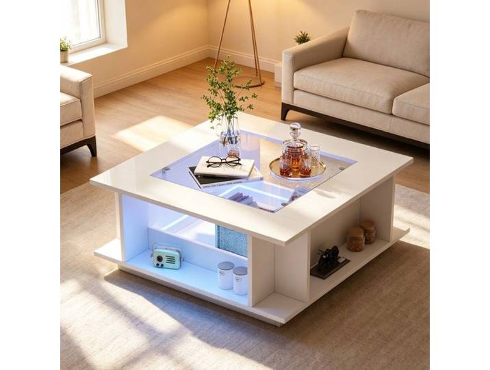 ULSAM Table Basse Carrée 70x70x30 cm avec LED Double Niveau de Rangement Verre - Blanc Brillant