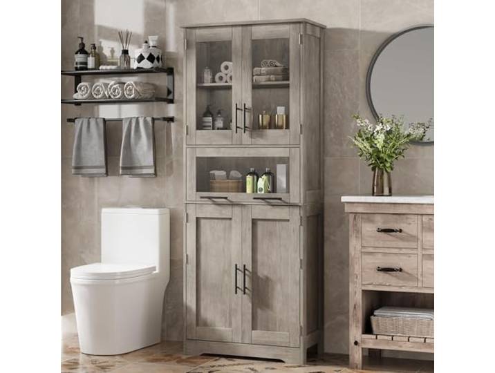 Hapihom Badezimmerschrank, Badschrank mit verstellbaren Einlegeböden & Schublade, Badezimmermöbel mit Kippsicherung, für Badezimmer/Wohnzimmer/Küche/Eingang/Flur 60x30x170cm - Grey