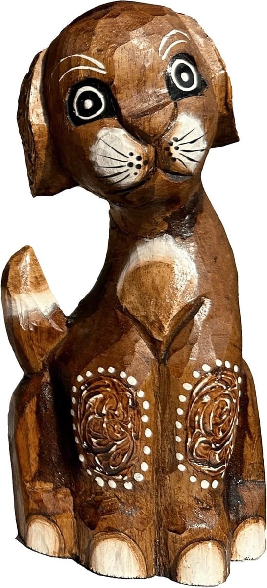 Handgemaakt houten hondenbeeldje decoratie bruin - Hoogte: 20 cm