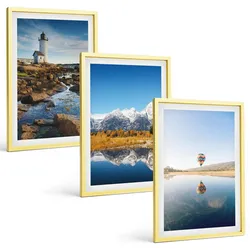 BILDER SET 3er Set - 40x60 cm Goldrahmen - Naturansichten, Leuchtturm, Berge, Ballonfahrt