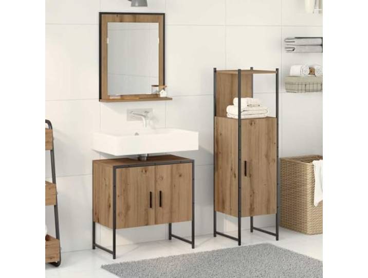KFPOERTFGD Badezimmermöbel-Set 3-TLG aus Holzwerkstoff, Badmöbel Set mit Spiegel, Waschbeckenunterschrank und Schrank, Braun
