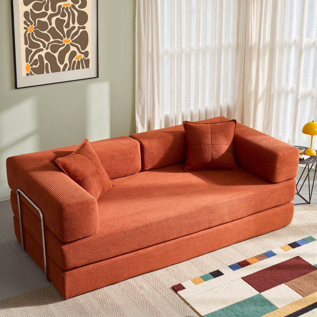 Bloomsbury Market Folding Sofa Bed 200cm King Size, Convertible Modular Sofa, Corduroy Boneless Couch with Metal Frame Orange Corduroy 65.5cm H X 160cm W X 90cm D