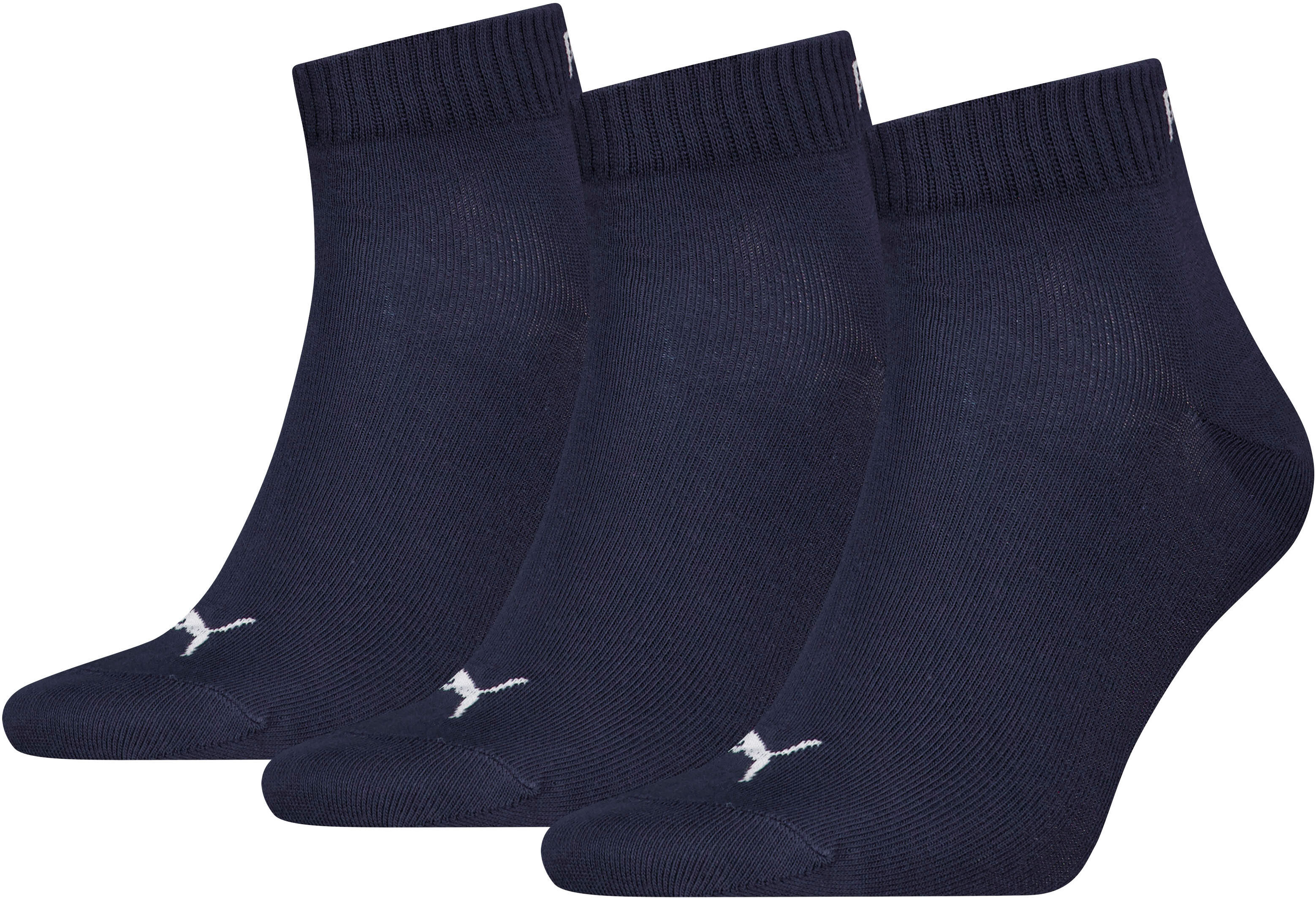 Kurzsocken PUMA "PUMA UNISEX QUARTER PLAIN 3P", Damen, Gr. 47-49, blau (navy), Baumwollmischung, elastisch, Socken Kurzsocken, Atmungsaktiv, Rippenbündchen, weiche Baumwollmischung, Topseller