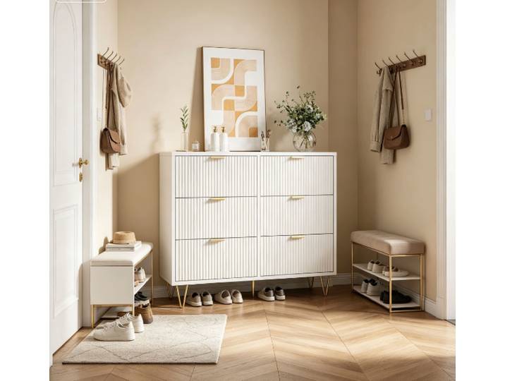 Commode Rosahqnda à 6 tiroirs pour chambre à coucher, commode moderne en bois rainuré, commode de salon avec poignées dorées, armoire avec imitation marbre pour le couloir