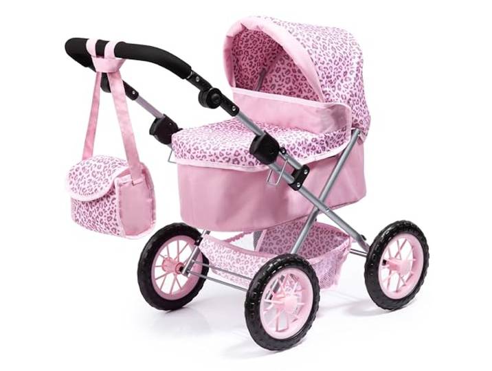 Bayer Design - 13002AA; Puppenwagen Trendy, höhenverstellbar, zusammenklappbar, mit Umhängetasche und Einkaufskorb, ‎68 x 40 x 64 cm, Pink, Leopard