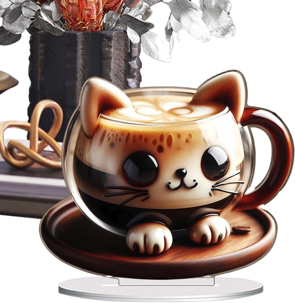 Schattig koffiekopje kat ornament - Transparant acryl bureau decoratie - Hoogte: 145 cm