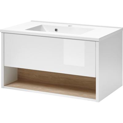 Waschtisch HOME AFFAIRE "Studio Line, Waschtisch inkl. Waschbecken, modernes Design", weiß (weiß eiche), B:80cm T:47cm, Waschtische, Waschtisch, in zwei Farben verfügbar, ausreichend Stauraum