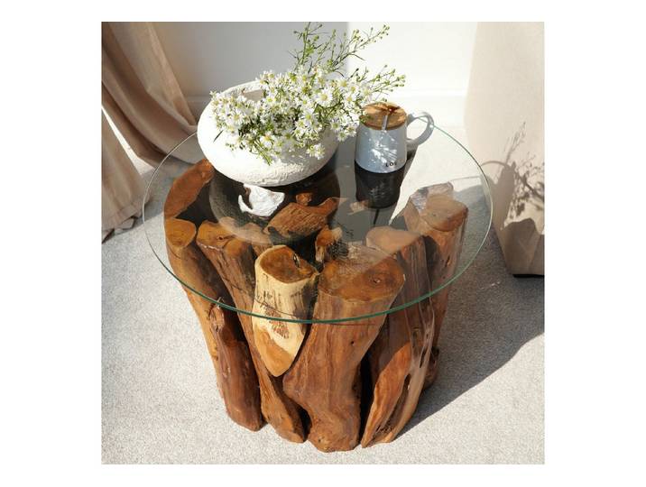 More2Home Beistelltisch Beistelltisch SOLO, recyceltes Teakholz, 50 cm Glas rund