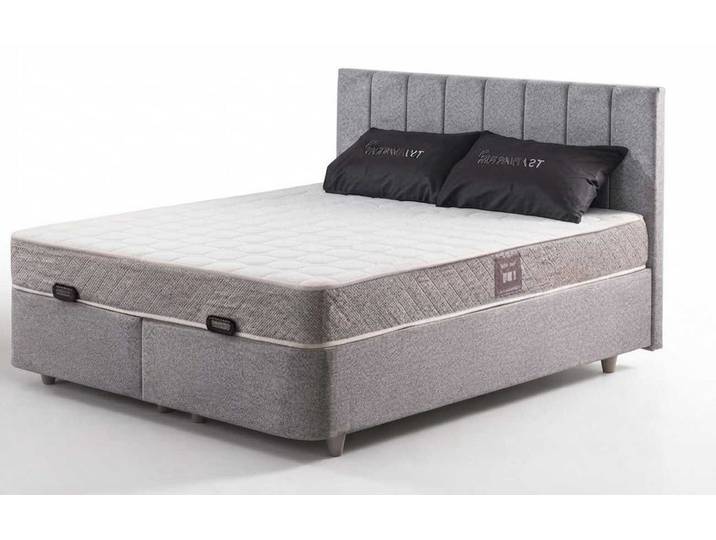 Xlmoebel Säulen-Esstisch Modernes Polsterbett Grau Textil Holz Kopfteil Schlafzimmer Komfort (1-St., 1-tlg), Exklusives Design, Marmor Optik