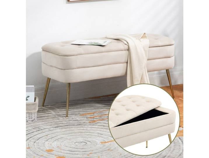 ROVRYN Banquette coffre capitonnée en velours beige 103 99 cm pieds métalliques dorés