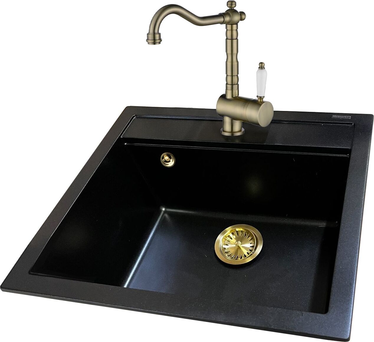 GURARI SQQ100 Einbau Granitspüle, Spüle Retro Schwarz -601 + TAP 2473-311, Vintage, Retro Küchenarmatur