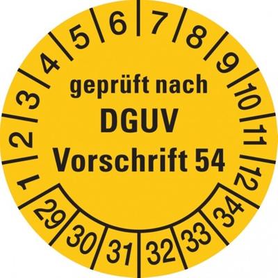 König Werbeanlagen Dreifke® Prüfplakette, geprüft nach DGUV Vorschrift 54, gelb/sch - 30 mm Folie selbstklebend