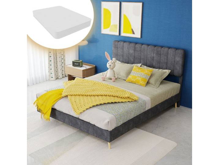 Lit double - SOGEU - Modern Minimalist - Tête de lit rembourrée - Matelas 140x200 inclus - Revêtement velours gris