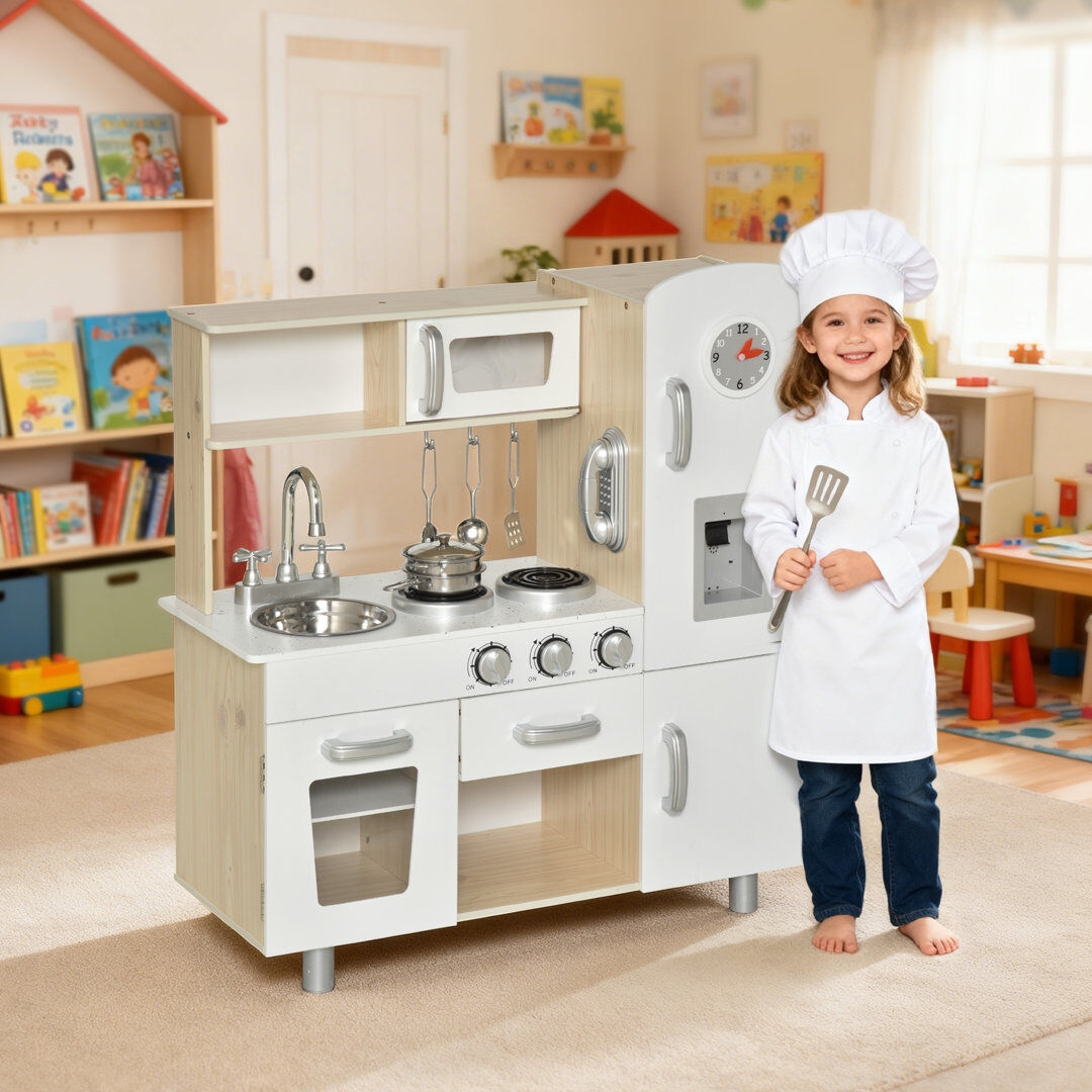Freeport Park HOMCOM Luxury Kitchen Playset with Accessories Pretend Cooking Set White White 81cm H X 74cm W X 30cm D