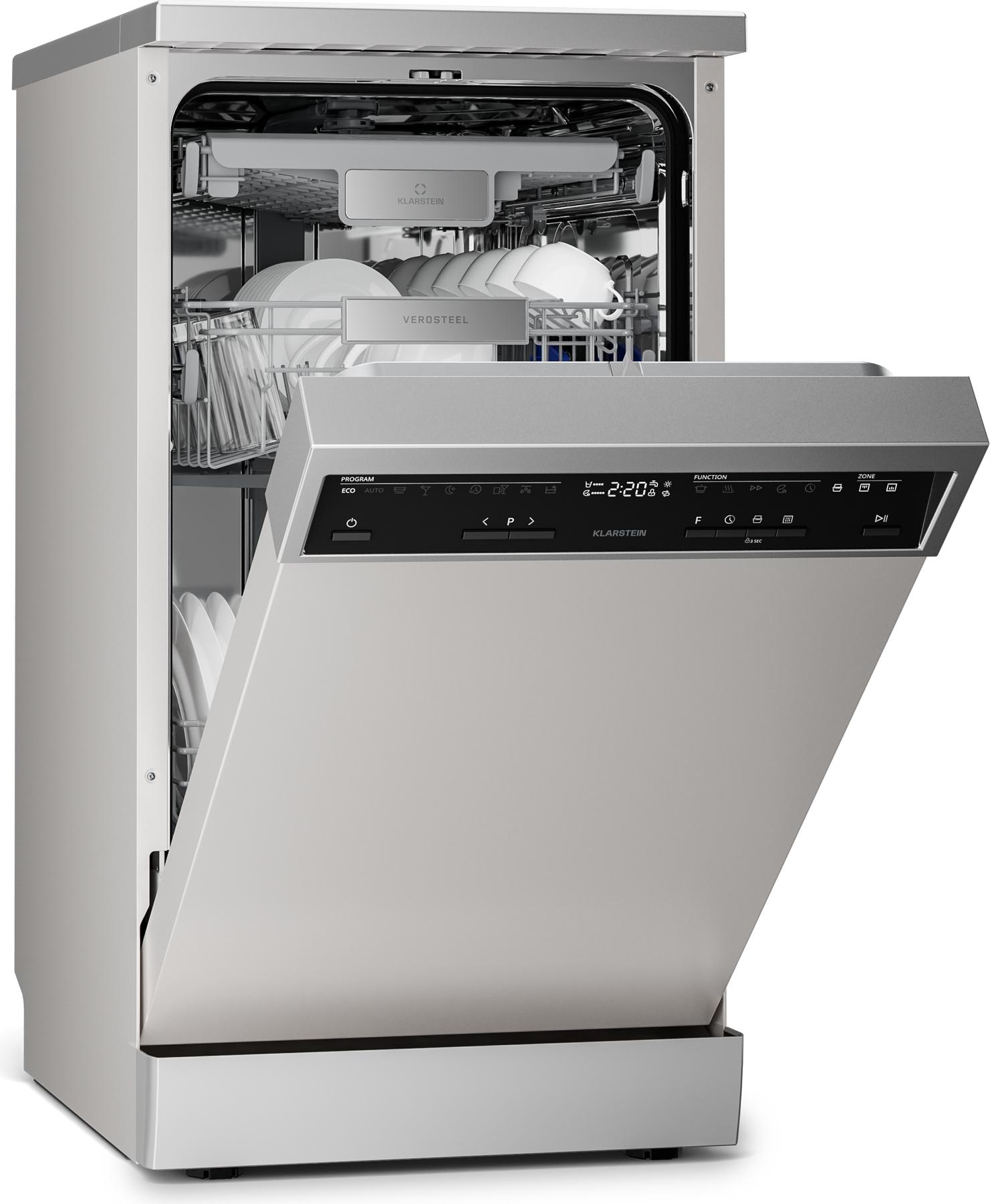 Klarstein Verosteel Geschirrspüler 45cm Freistehend - 10 Plätze, 9 Programme, 42 dB, B , AquaStop, Kindersicherung, Silber Spülmaschine