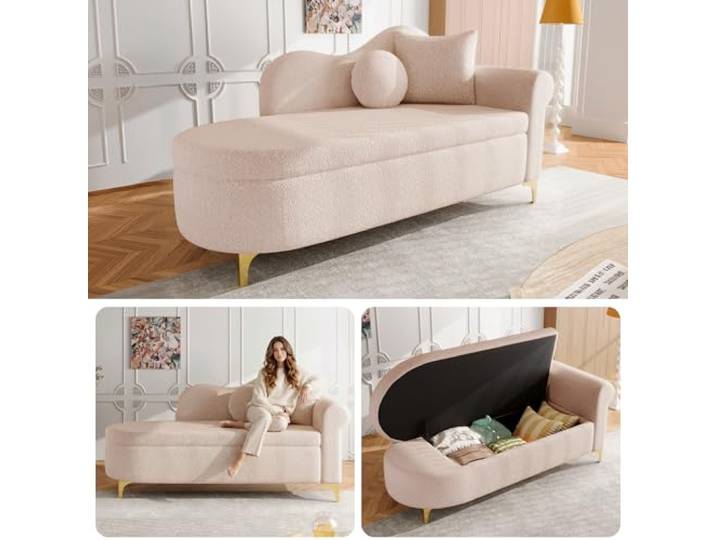 Merax Chaiselongue mit Stauraum, 134 cm Liege mit wellenförmiger Rückenlehne & Boucle-Stoff, hochdichter Schaumstoff, inkl. Lenden- & Nackenkissen, Retro-Look mit Massivholzrahmen, Rosa
