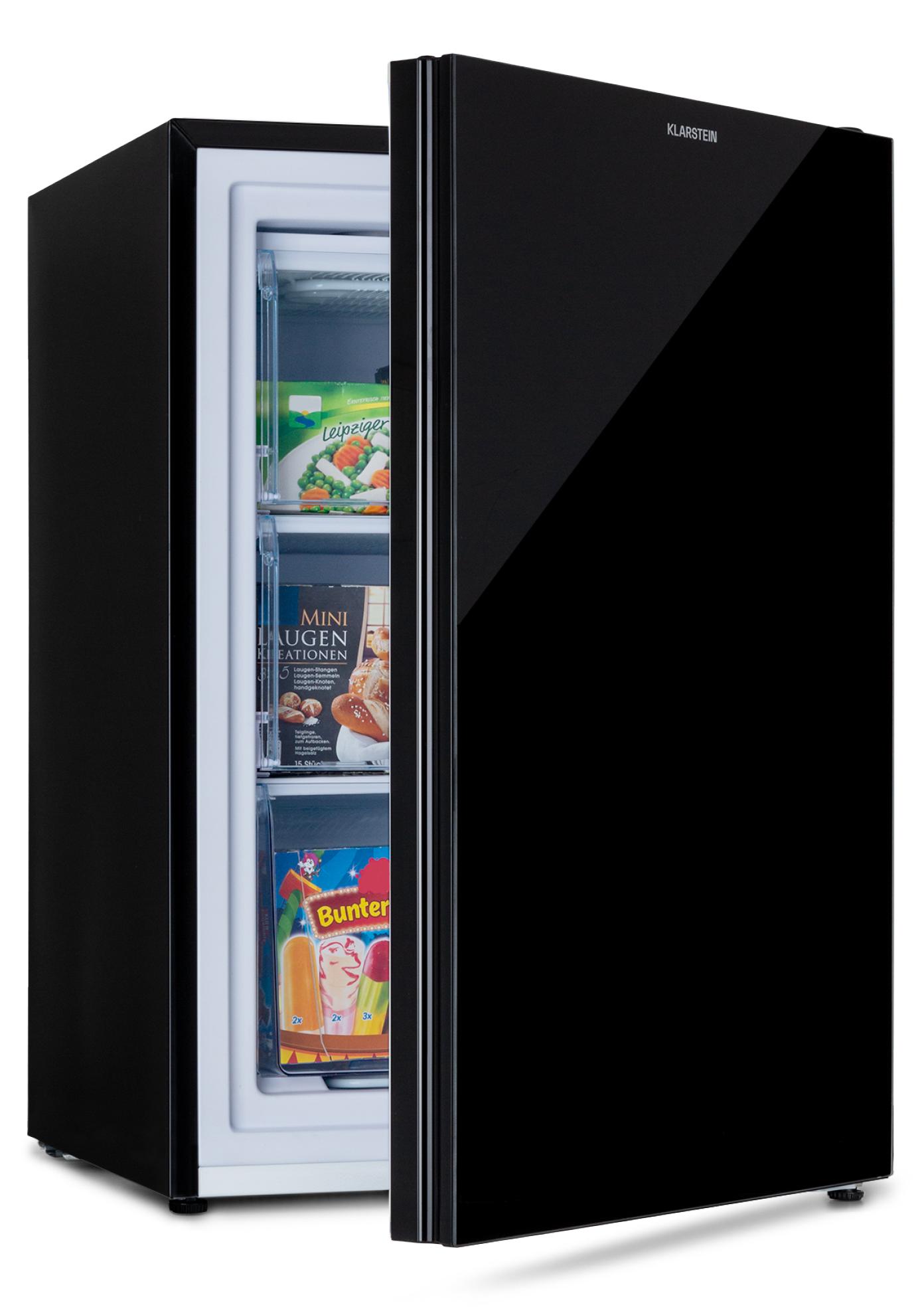 Klarstein Pluto Gefrierschrank - 1 Kühlzone, Thermostat mit 5 Stufen, 0 bis -18 °C, mit Glasfront, höhenausgleichende Füße, geräuscharmer Betrieb, 80 Liter Gesamtvolumen, schwarz
