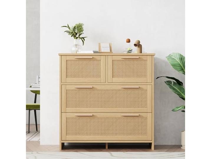 Merax Kommode Sideboard Wohnzimmer Küchenschrank Sideboard 4-Schubladen-Rattanschrank mit Massivholzgriffen schubladenschrank Natural