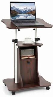 Costway Adjustable Mobile Standing Desk Cart with Tilt Desktop and Cabinet-Brown