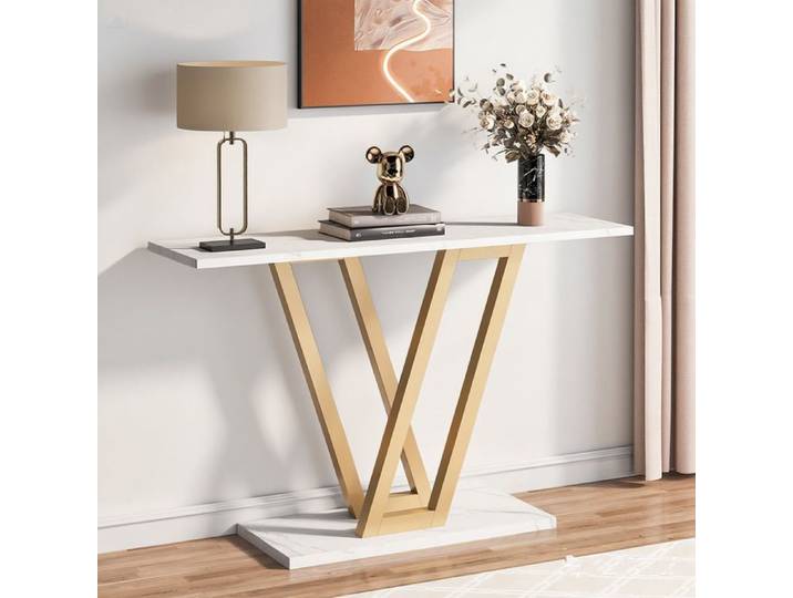 Console meuble TOPESCT d'entrée 110x30x80 cm étroite cadre métal doré pour salon couloir blanc or
