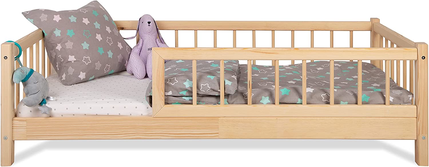 Kinderbett NINA Bett mit Rausfallschutz 70x140cm Latternost Bettgestell aus Kiefer Holz für Haus Kinder Jungen & Mädchen - Holzbett Baby Kinderzimmer Junge Deko