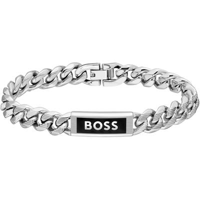 Armband BOSS "KASSY EMBLEM" Gr. M, schwarz (edelstahlfarben, schwarz), Armbänder, Herren, M, Edelstahl, Armband, mit Emaille