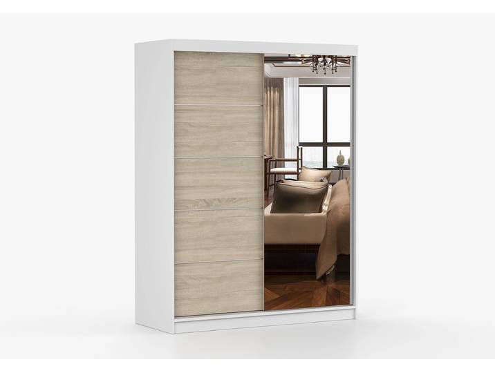 Schwebetürenschrank VISTA 05 150 cm Weiß Sonoma Eiche + Spiegel Ohne LED-Beleuchtung