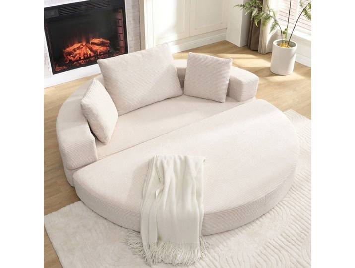 Canapé-lit ovale modulable en velours côtelé Beige Clair 173x176x40cm- Autoportant multifonctionnel idéal appartement et salon