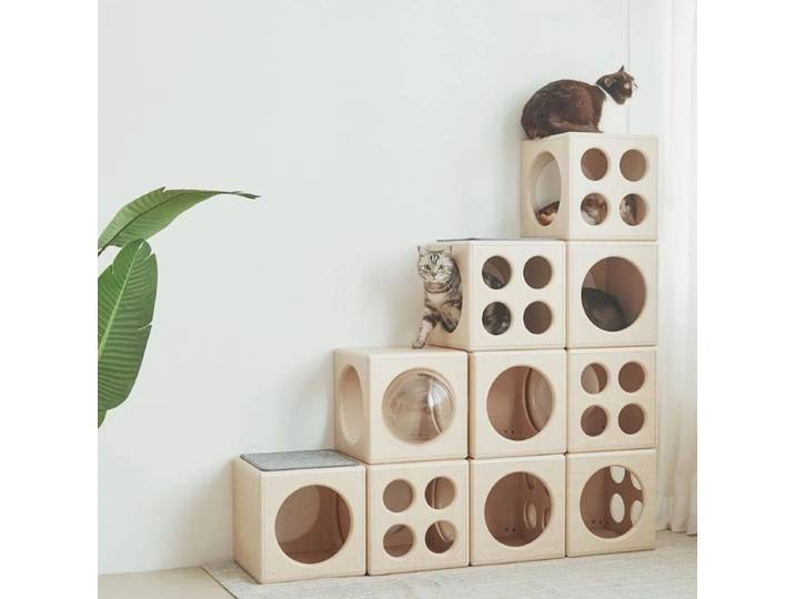 Maison de chat semi-fermée en bois, blocs de construction, combinaison de produits de bricolage, cadre d'escalade pour chat, nid Tunnel labyrinthe, grattoirs spatiaux