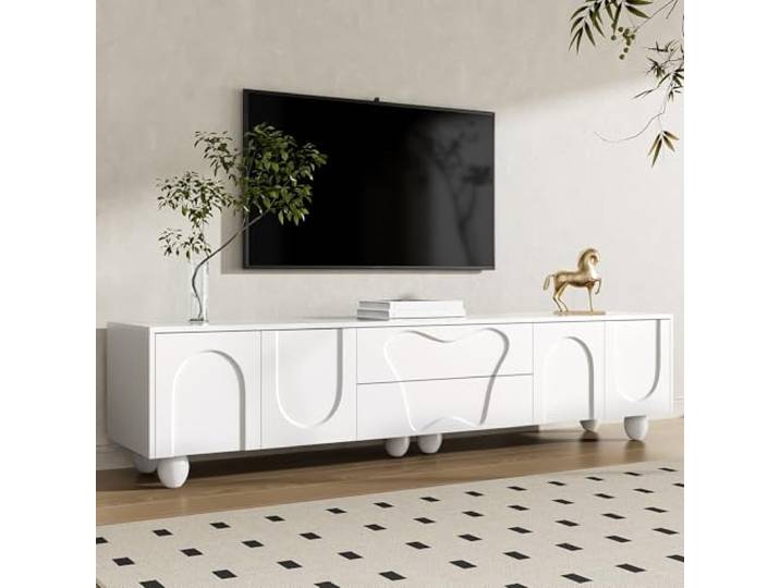 RAPRAP 180cm Weiß TV-Schrank mit Holzbeinen – Ein minimalistischer und Eleganter Tv Board Weiss mit Schubladen & Fächern für ein Stilvolles Wohnzimmer,J