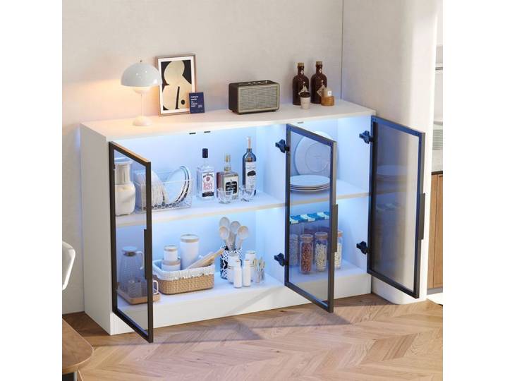 Buffet Bas Blanc avec LED 120x30cm Vitrine de Salon Meuble de Rangement Design Buffet Bas Verre