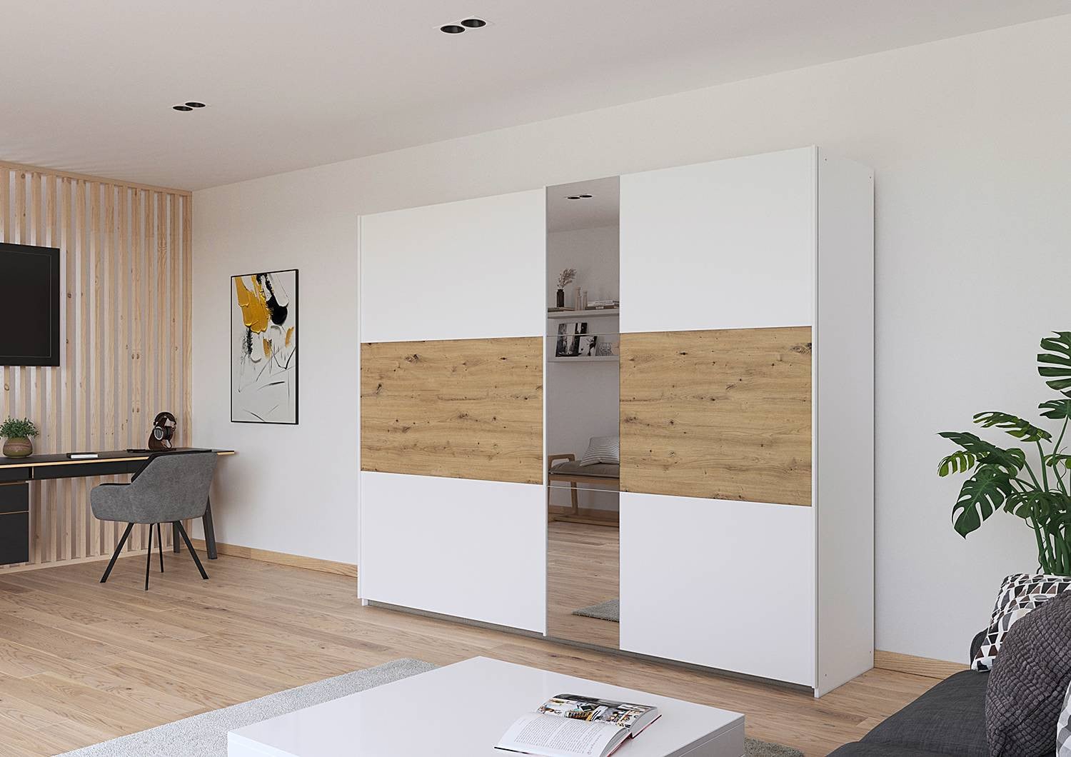 home24 Miro Zweefdeurkast met spiegel, wit/artisan eikenhoutlook, Breedte: 261 cm