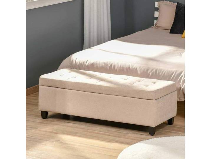 Banquette coffre de rangement capitonnée assise rembourrée avec couvercle aspect lin beige 125 cm Grjofek