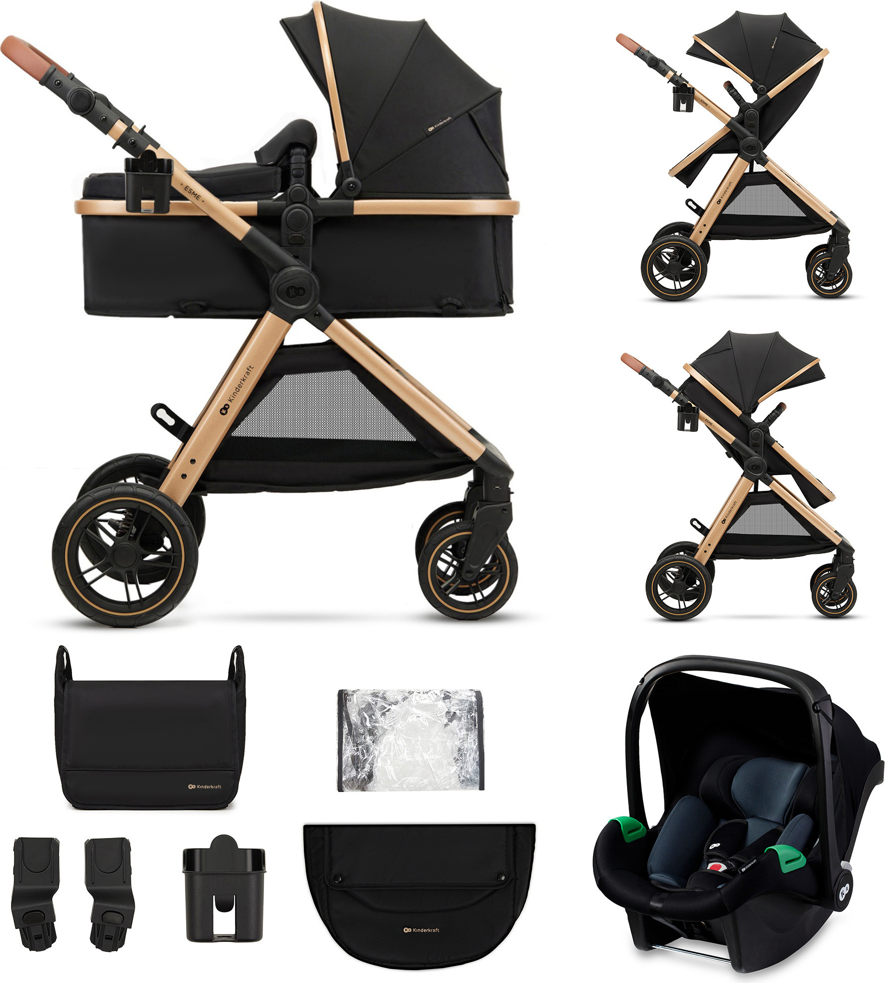 Kinderkraft ESME - multifunktionaler 3-in-1-Kinderwagen - bis 25 kg - Babywanne mit Belüftung - Travel System - große geländegängige Räder - Schwarz